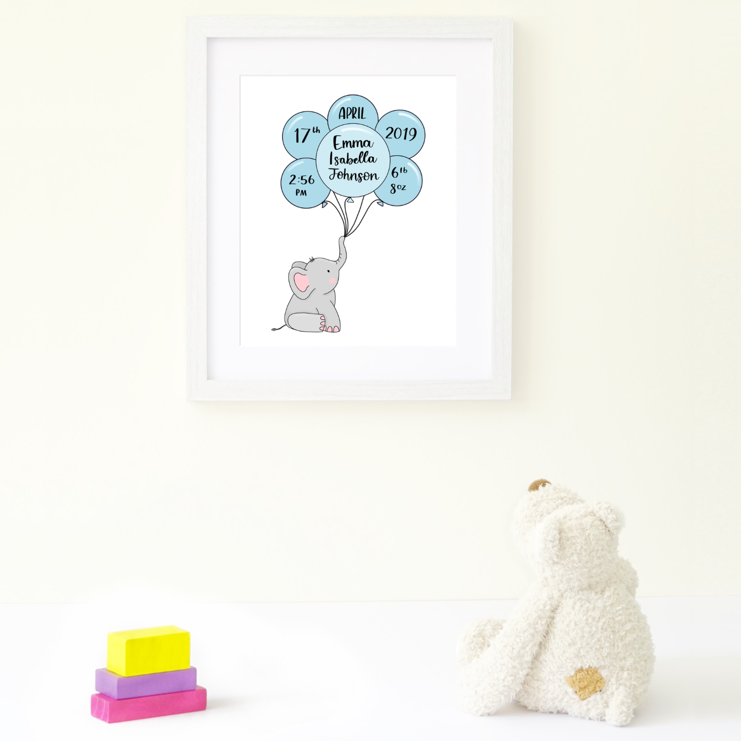 Elephant and Balloon Blue Birth Announcement