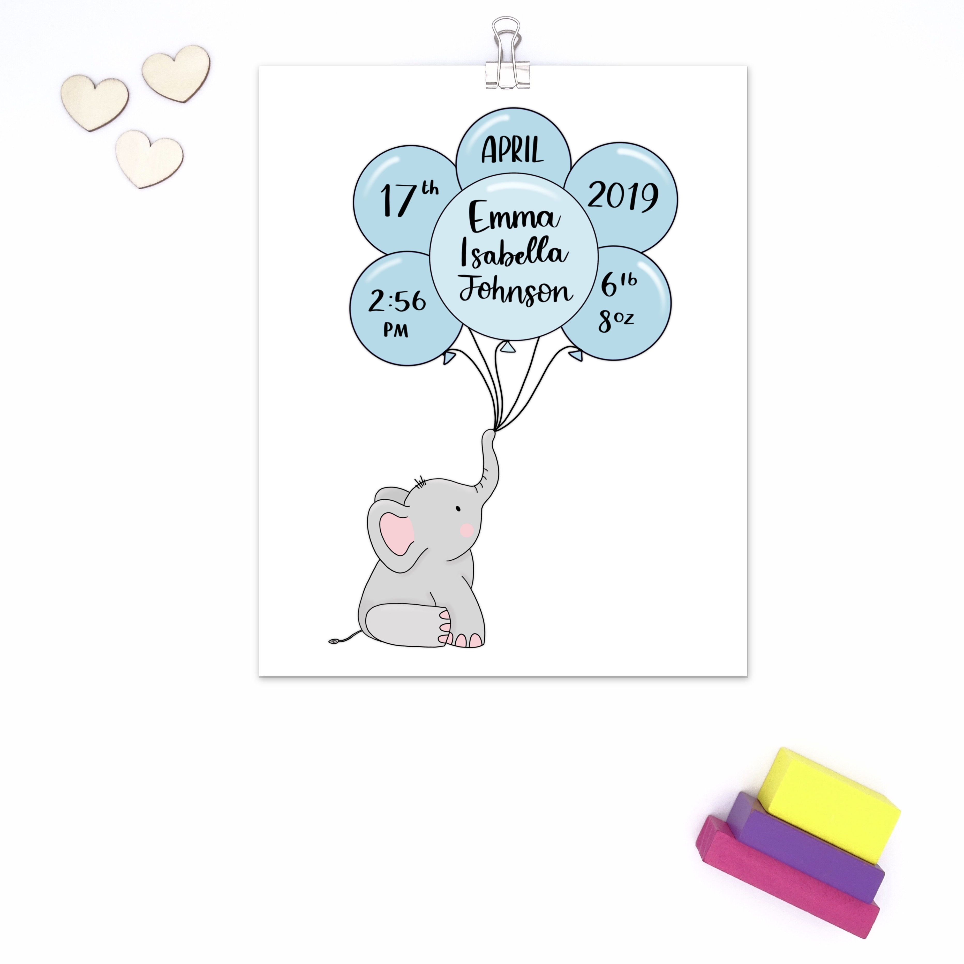 Elephant and Balloon Blue Birth Announcement