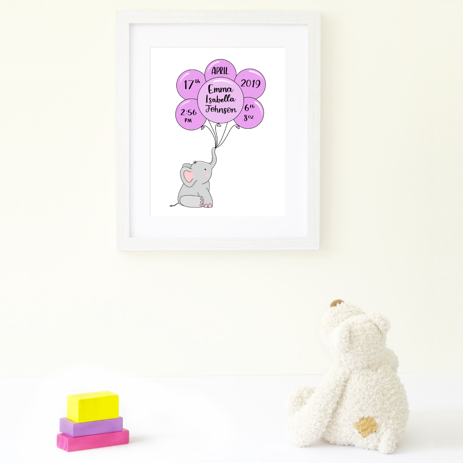 Elephant and Balloon Pink Birth Announcement