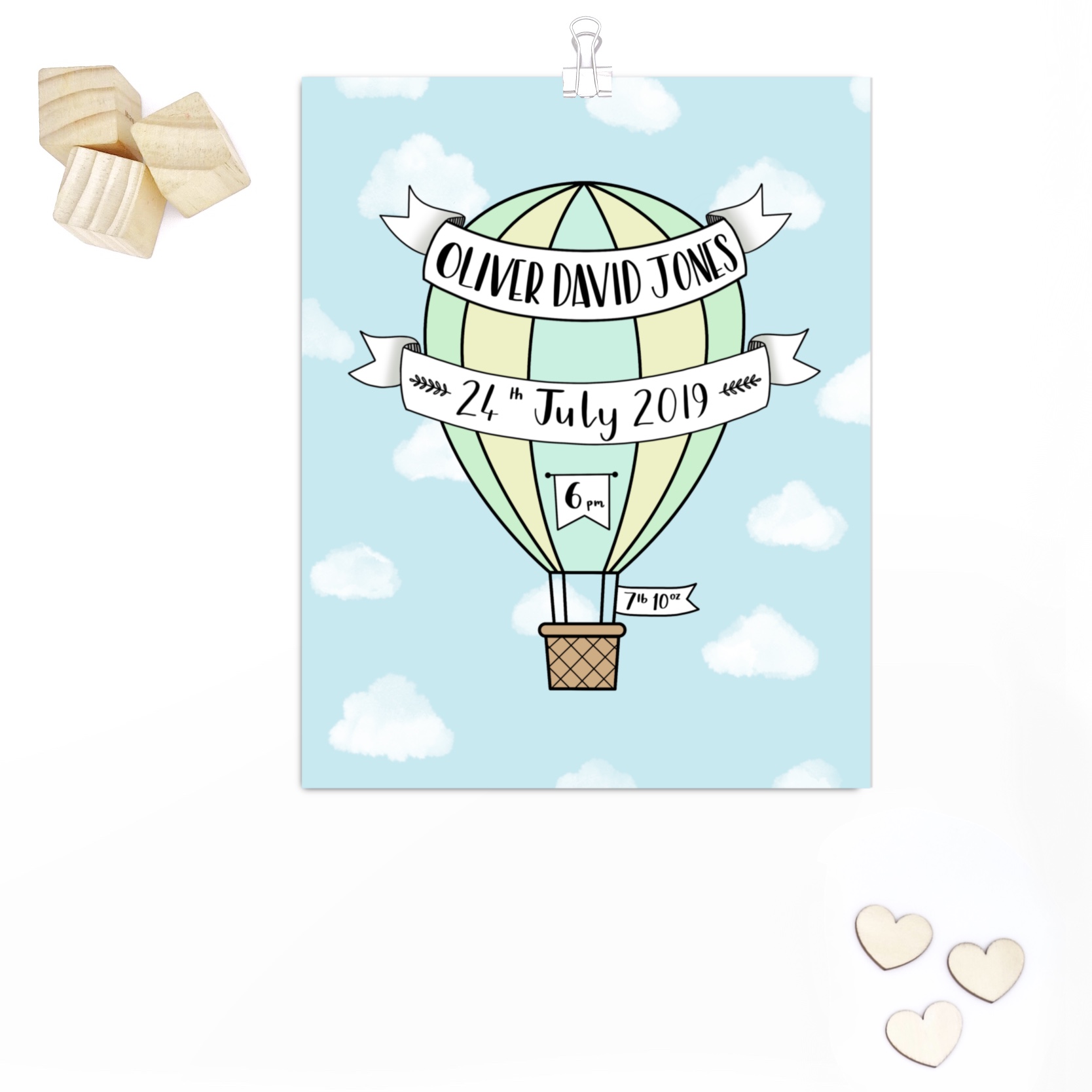 Hot Air Balloon green Birth Announcement