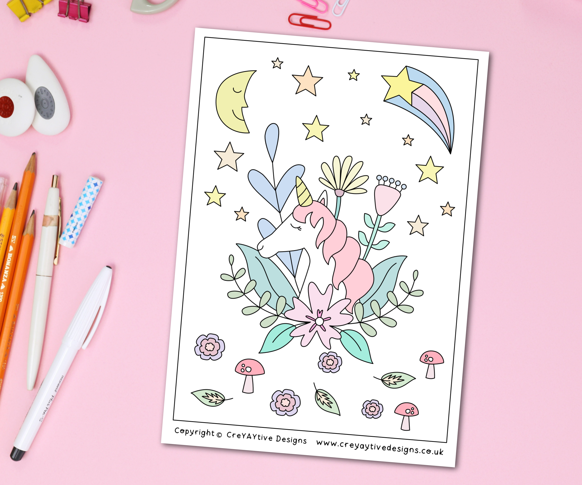Floral unicorn colouring page