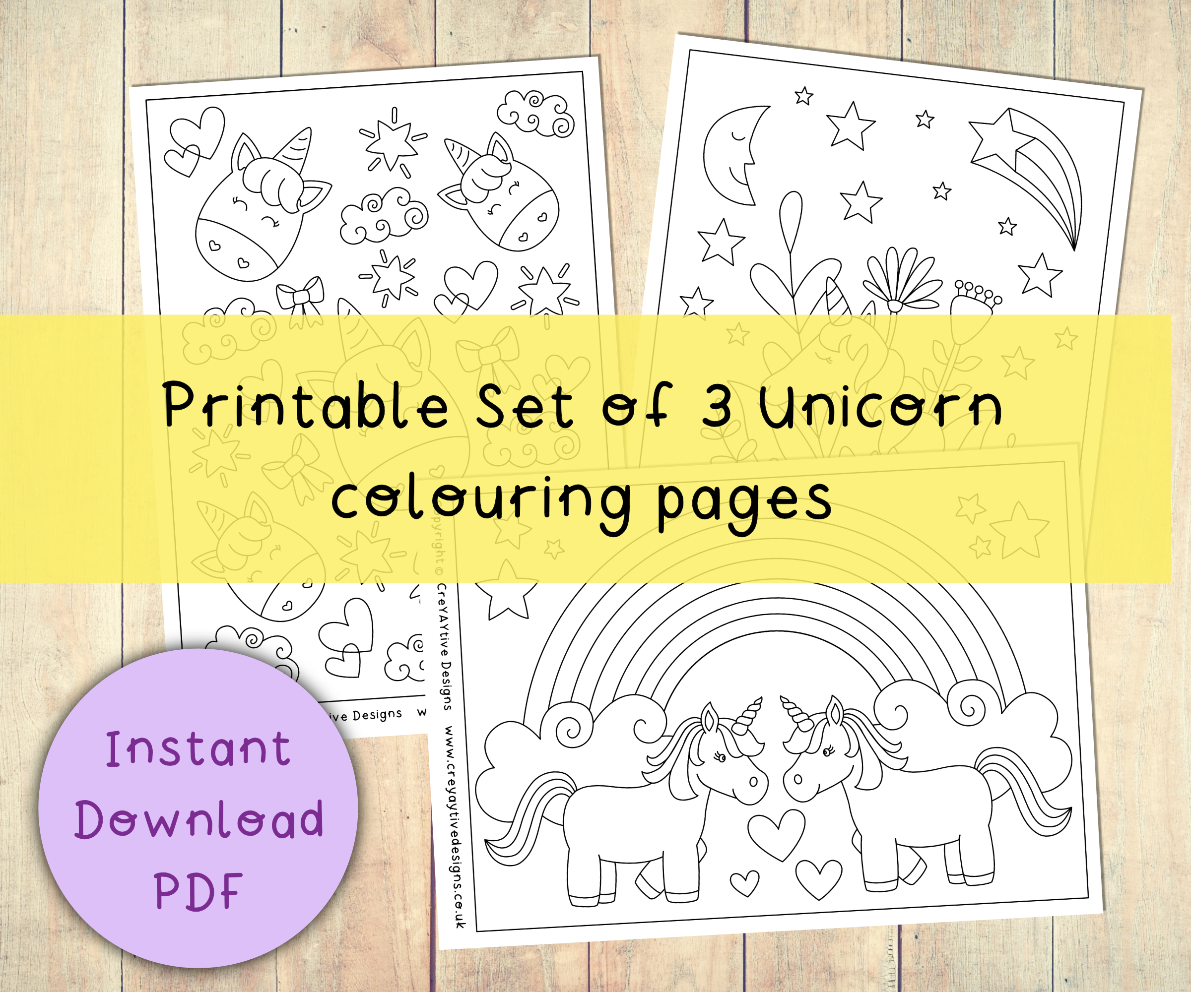 3 unicorn colouring pages