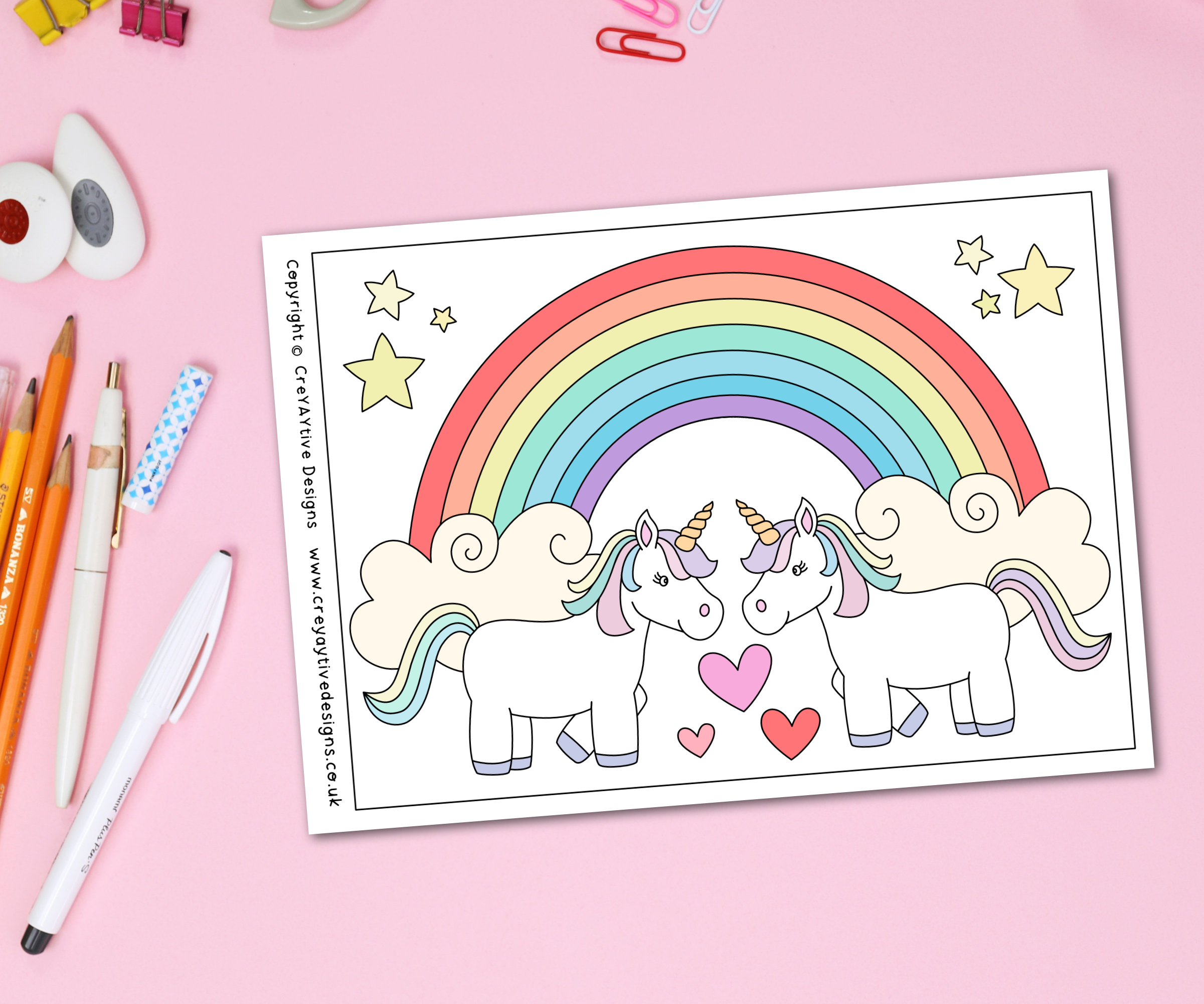 Rainbow unicorn colouring page