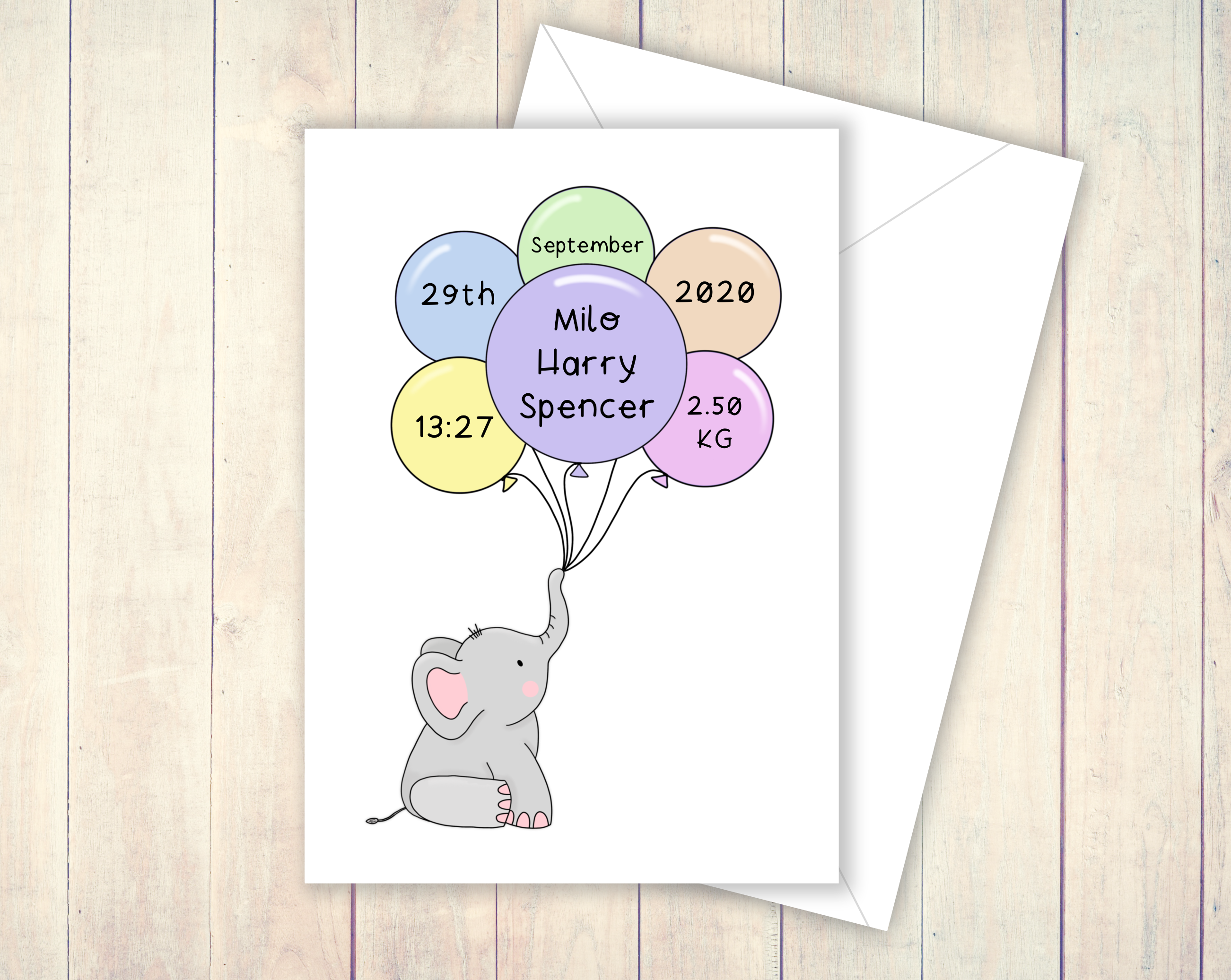 Elephant balloon personalised card